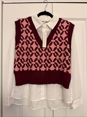 Pink and Burgundy Geometric Sweater Vest with White Button-Down